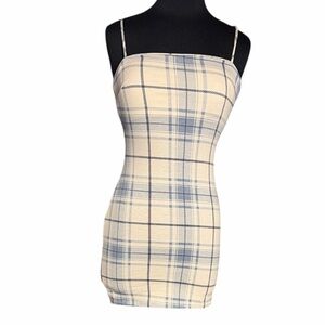 Windsor Cream and Blue Strappy Plaid Mini Dress size small